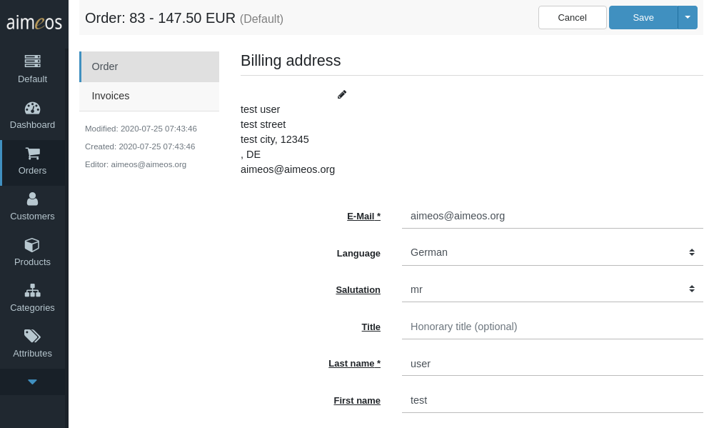 Billing and delivery address of an order