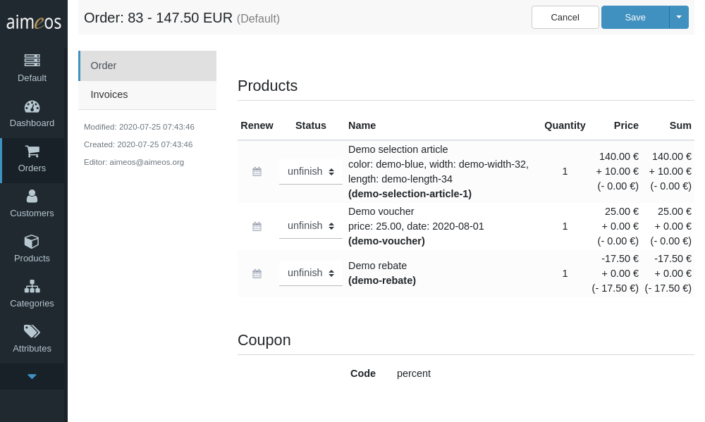 List of ordered products