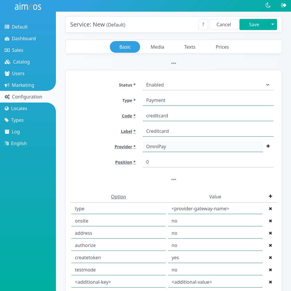 Aimeos Omnipay setup