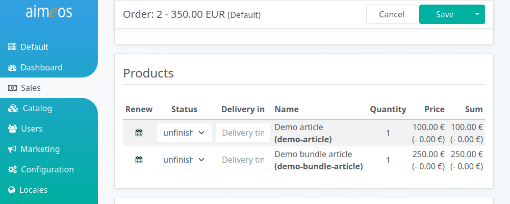 List of ordered products