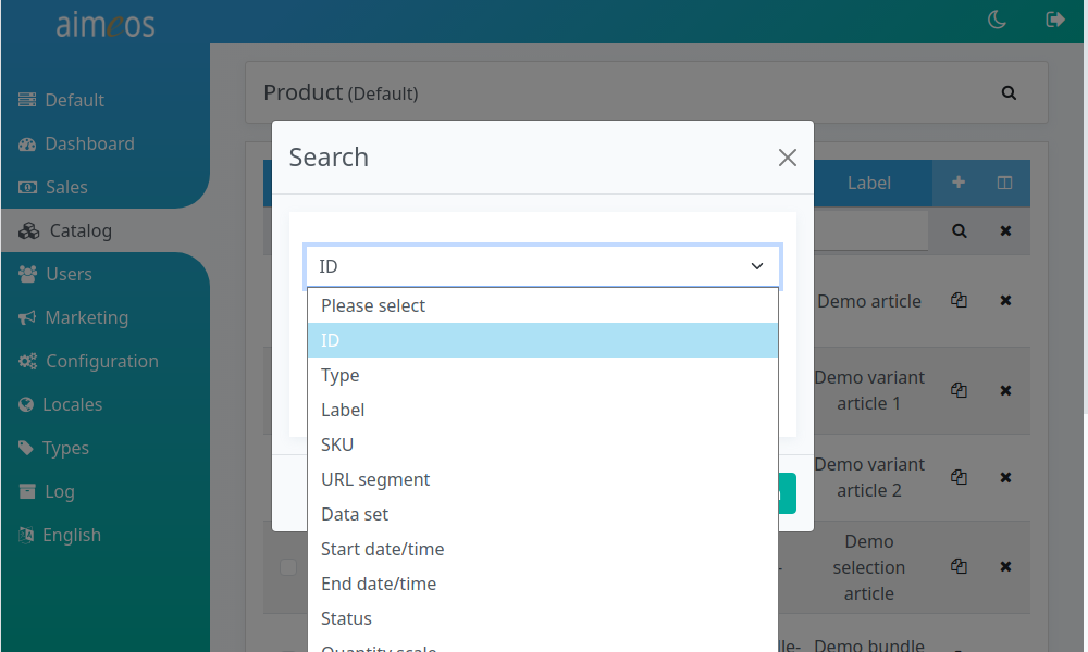 Drop-down of filter options