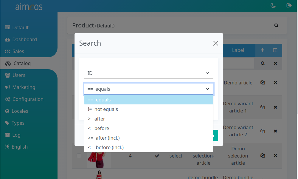 Drop-down of filter operators