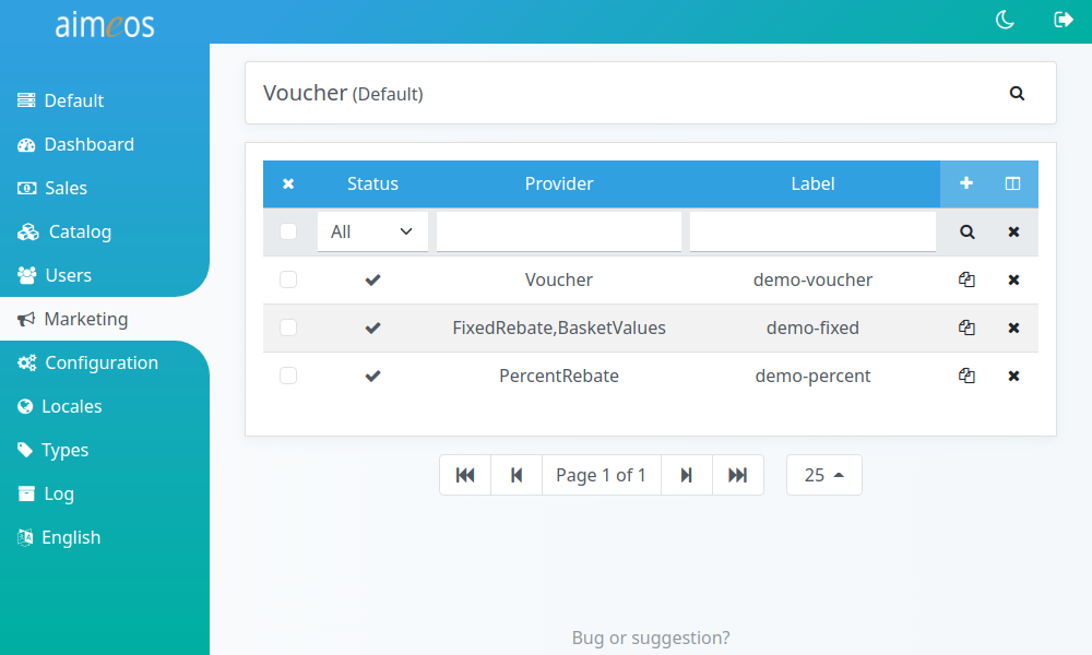 List of configured coupons