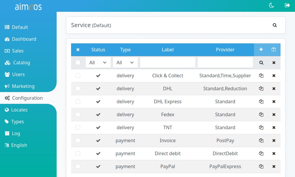 List of delivery/payment options