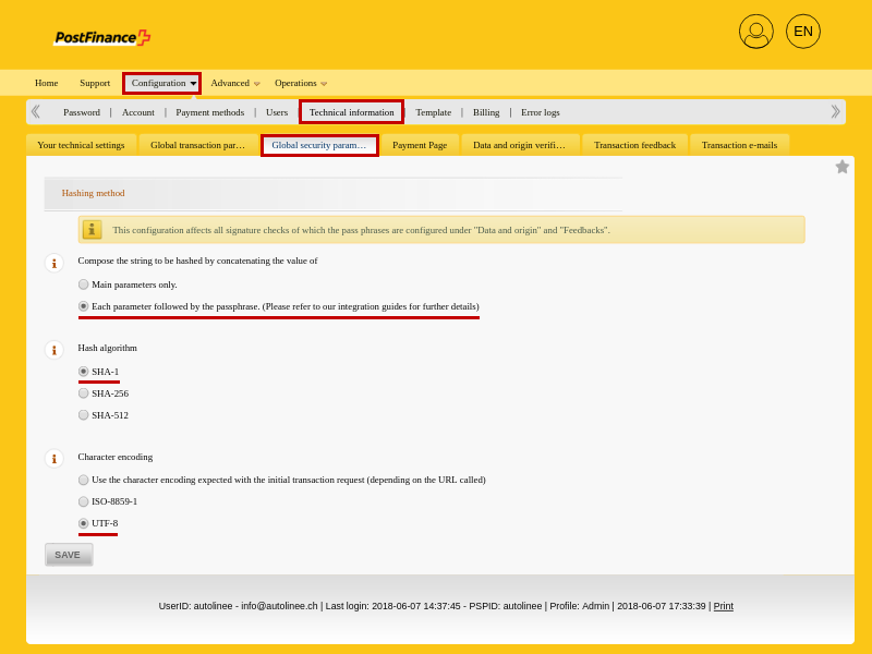 Parameter hashing configuration