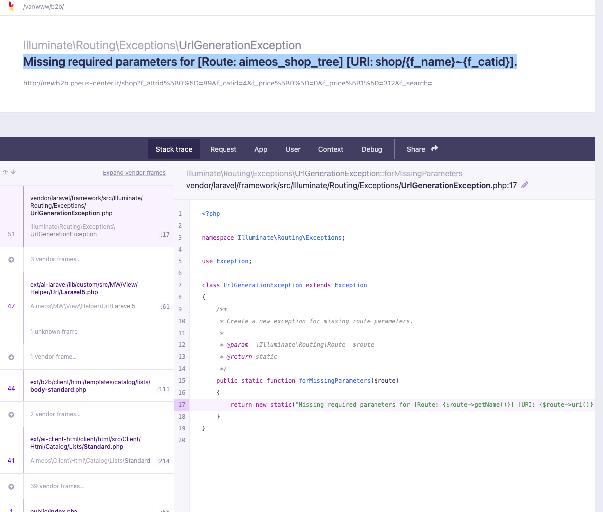 Missing required parameters for [Route: aimeos_shop_tree] [URI:  shop/{f_name}~{f_catid}]. - Help for Aimeos